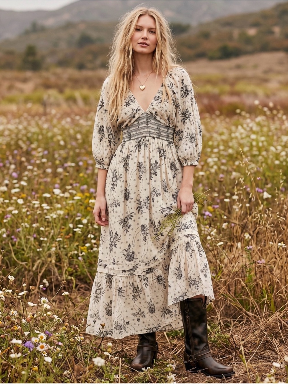 Free People Golden Hour Floral Smocked Waist Cream Maxi Dress